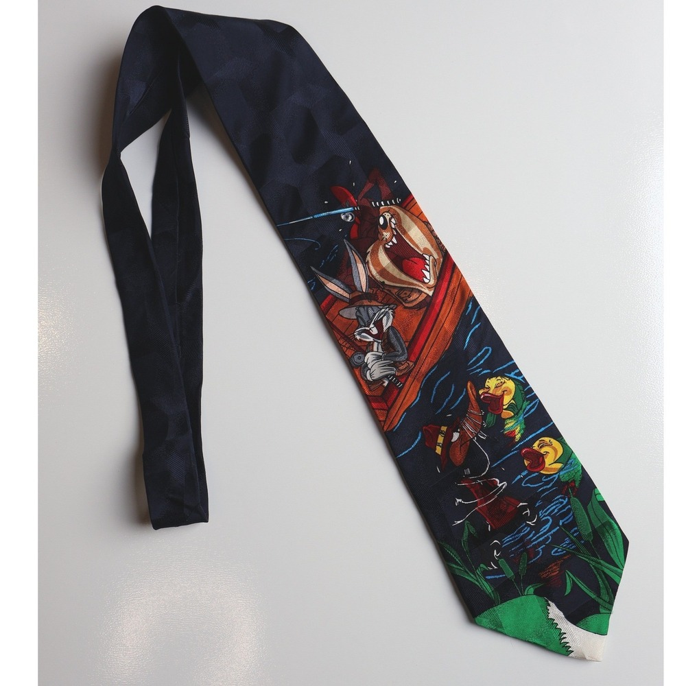 Vintage Looney Tunes Mania Silk Tie Bugs Bunny Taz Fishing Navy Necktie 58"
